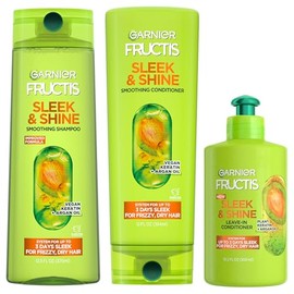 Garnier Fructis Sleek & Shine Champú, Acondicionador + Juego de Acondicionador Sin Enjuague para Cabello Encrespado y Seco, Queratina Vegetal + Aceite