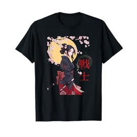Cute Japanese Samurai Girl Cherry Blossom Woodblock Art T-Shirt