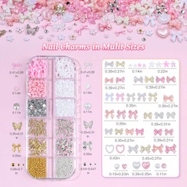 2 Boxes 3D Nail Charms Set,Nail Bows Charms and Small Flowers,3D Bow Charms for Nails with Caviar Beads and Flatback Crystals,Pearls,Y2K Alloy Butterfly Bow with Tweezers for Nail DIY (2BOX-Mixed2)