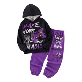 SweatyRocks Boy's Clothing Sets Letter Graphic Hoodie and Elastic Waist Sweatpants 2 Piece Outfits Purple 8Y