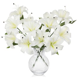 Hollyone 6 Heads White Artifical Lily Flowers 2Pcs Faux Stargazer Lilies Flowers Arrangement Bouquets Fake Lily Stem for Indoor Home Decor Table Office Party Wedding Decoration