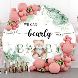 Leyiyi 7.5x7.5ft Cute Bear Baby Shower Round Backdrop Cover We Can Bearly Wait Baby Photography Background Watercolor Blue Floral Green Leaves Backdrop Newborn Birthday Party Decor Photo Booth Props