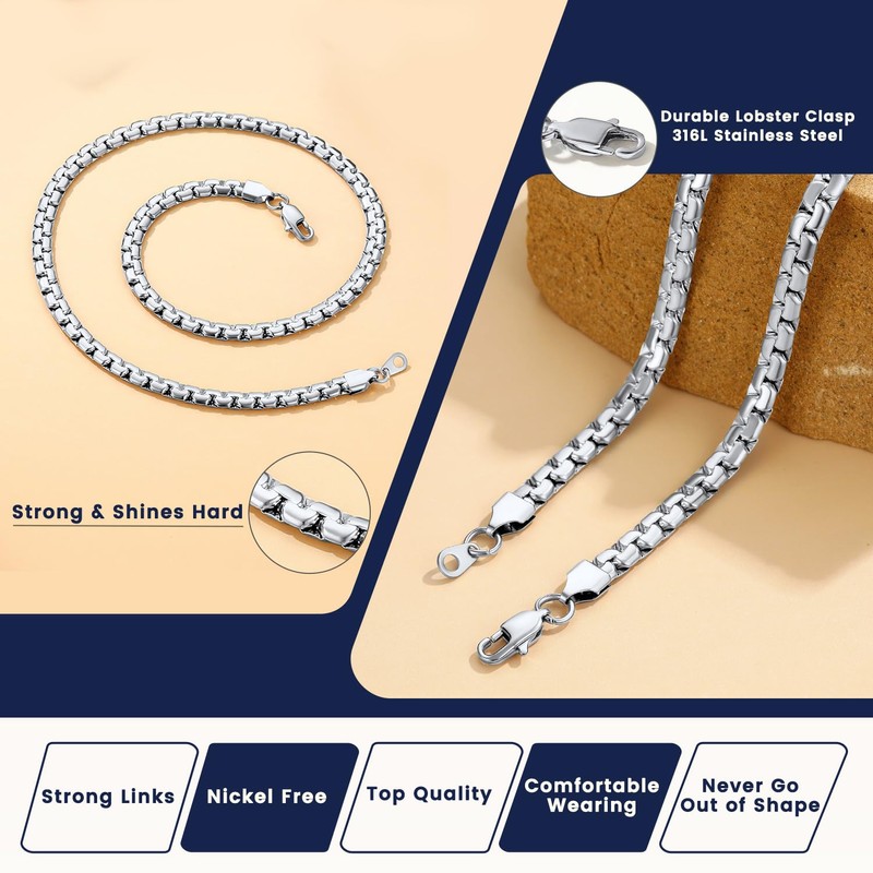 Stainless Steel Solid Box Chain 4mm 6mm Wide 20 Inch