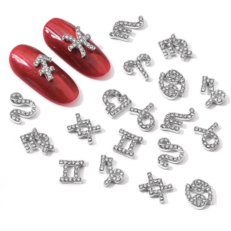 WOKOTO 24pcs Silver Zodiac Signs And Letters Nail Charms For