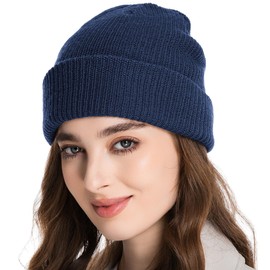 100% Merino Wool Beanie Hat for Women Men, Cuffed Knit Warm Winter Hats,Slouchy Beanies Fisherman Skull Cap Watch Caps Navy Blue
