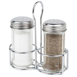 Salt and Pepper Shaker Set with Metal Holder – Glass Dispensers with Stainless Steel Lids – Compact 3-Piece Tabletop Organizer for Home, Restaurant, Cafe