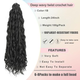 FANWYFYU Deep Wavy Twist Crochet Braids Hair 6 Packs French Curly Braiding Hair Pre-Looped Long Bohemian Crochet Hairs Water Wave Synthetic Curly Hair Extensions for Women and Girls (1B, 24 Inches)