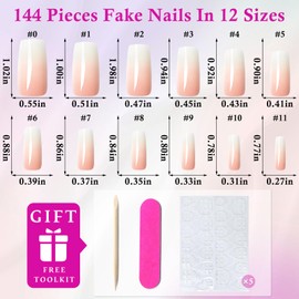 Loveourhome 144pc Ombre Square Press on Nails Long Fake Nails with Glue Tabs, Long Glue on Nails Ombre Acrylic Nails Press on Nails Long False Nails Square Artificial Fingernails Women Stick on Nail