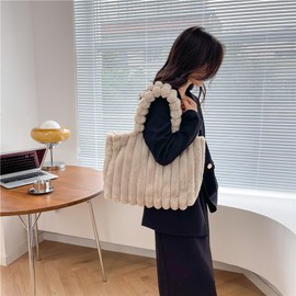 ibalulu Handbag Women's Tote Bag Plush Shoulder Bag Shopper Bag Women's Large Bag Winter Large Warm Shoulder Bag for College School Work Travel Shopping, beige