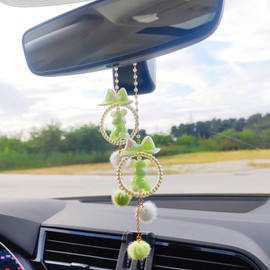 Cute Bear Rear View Mirror Accessories, Pom Pom Car Accessories for Women, Car Mirror Hanging Accessories Car Hanging Ornament Car Decor