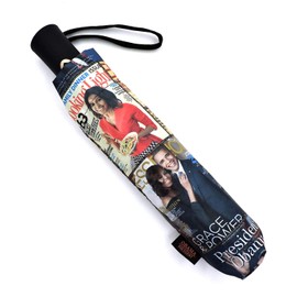 Amy & Joey Magazine Cover Collage Michelle Obama Printed Light Weight Bubble Dome Compact Retractable Folding Umbrella With Sleeve (Auto open&Close-Multi)