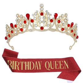 Poememgi Birthday Crown and Sash for Women, Birthday Queen Rhinestone Tiara Set and Sashes for Party Decorations (Red)