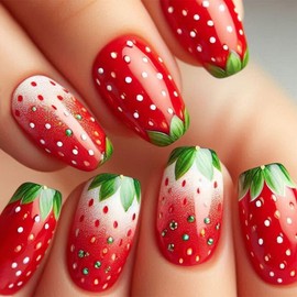 24Pcs Short Press on Nails Square Strawberry Fake Nails Spring Glue on Nails Cute Flower False Nails 3D Full Cover Stick on Nails Red Reusable Acrylic Nails for Women and Girls