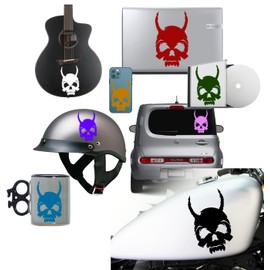 Monster Skull with Horns Design #2 Self Adhesive Vinyl Decal Sticker for: Cars Bikes Helmets CD Cases Motorcycle Clubs (1.2" x 2", Black)