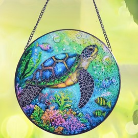 Sea Turtle Stained Glass Window Hanging, Round Ocean Coral Art Wall Decor Suncatchers for Windows, Gifts for Women, Grandma, Housewarming | Vibrant Colors, Indoor/Outdoor Décor (Blue-Turtle)