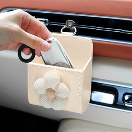 LIYAZHIL Car Vent Storage Bag with Flower Design PU Leather Organizer for Car Dashboard, Air Vent Mounted Lightweight Storage Pouch Box with Hook