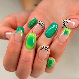 BABALAL Press on Nails Short Square Fake Nails Summer Glue on Nails Green French Tip Acrylic Nails Cheetah Y2k Star False Nails Art Design 24pcs Squoval Full Cover Artificial Nails for Women Girls