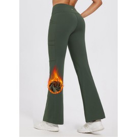 baleaf Women's Fleece Lined Pants Hiking Winter Outdoor Thermal Sweatpants Waterproof Flare Leggings Water Resistant Pants with Pockets Green 2XL