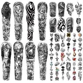46 Sheets Full Arm Temporary Tattoos Waterproof For Men(L22.8“xW7”), Fake Tattoos for Women Lion Tiger Clock Flower Skeleton Animals Design, Hand Forearm Shoulder 3D Tattoos for Halloween