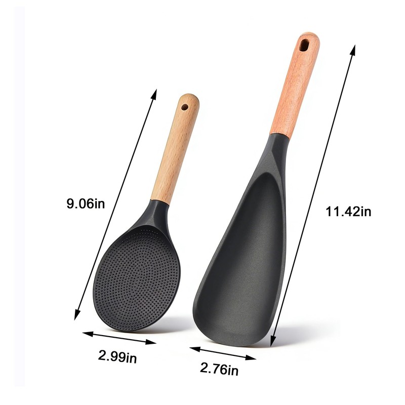 Cooking Spoon 2-Pack: Multi-Function Wood Handle Silicone Spatula Spoon &