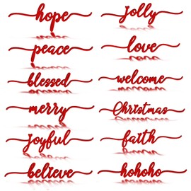 BORAMDO Christmas Wooden Letter Wall Sign Decor 12Pcs, Wooden Words Cutouts for Home Decorations, Table Plate Rustic Ornaments, Blessed Joyful Believe Welcome Merry Christmas Red Wooden Signs…