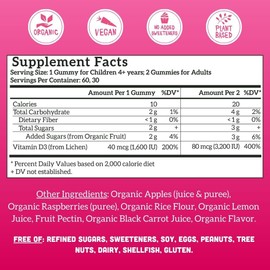 Llama Naturals Vitamin D3, Vegan, Organic Immune Support Supplement, Vitamin D Gummies for Adults and Kids, Real Fruit Gummy Vitamins, Promotes Bone Health, No Added Sugar Cane, Raspberry, 60 Ct