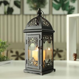 JHY DESIGN Farol Decorativo para Velas de 38 cm de Altura, Farol de Metal Estilo Vintage para Colgar, Ideal para Interiores, Exteriores, Eventos, Fiestas y Bodas (Negro con Detalles Rojos).