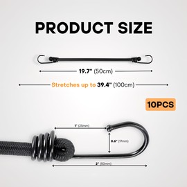Heavy-Duty Bungee Cords with Reinforced Hooks on Both Ends – Set of 10 – Multi-Pack for Outdoor, Camping, and Cargo – Durable, UV-Resistant, Versatile Tie-Downs, DIY (50cm (19.7"))