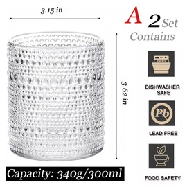 Dababell 6pcs Hobnail Drinking Glasses Set, 4pcs Beaded Glassware with 2pcs overnight oat cups, Overnight Oats Containers With Lids Glass, Vintage Water Glasses Set (Modern-lovers)