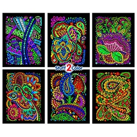 Tangles - 6 Pack of Fuzzy Velvet Coloring Posters for Adults, Kids, Toddlers, Girls, and Boys (All Ages Arts and Crafts Activity) - Perfect for Stress Relief, Vacation, Travel, or Plane
