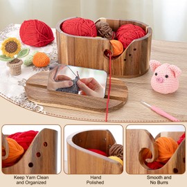 Little World Large Wooden Yarn Bowl with Lid, Oval Crochet Yarn Holder for crocheting with Double Curling Slots to Prevent Tangles, Gift for Knitters and Crocheters