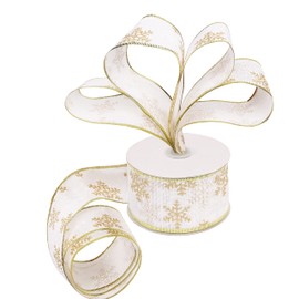 Belle Vous White Gift Ribbon - 20 m x 6.3 cm Wide Glitter Organza Ribbon with Snowflake Pattern and Wire - Decorative Ribbon for Christmas Party, Christmas Tree & Gifts