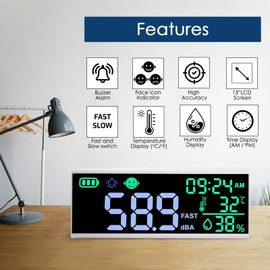 JuviPerpric 13 Inch Decibel Meter - Wall Hanging Sound Level Meter with Large LED Display, Noise, Temperature, Humidity, Time Monitor for Classroom