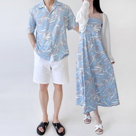 GSS SH221-DR221 Men's & Women's Long Beach Dress Couple Set for Honeymoon Beachwear - Gray Blue (Men's Free Size, Women's Free Size) 3ea