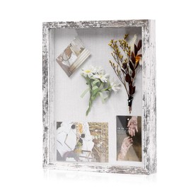 Muzilife 11x14 Shadow Box Picture Frame with Linen Board - Deep Wood & Glass Display Rustic Case Ready to Hang Memorabilia, Pins, Awards, Medals, Wedding, Tickets, and Photos, Rustic White