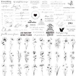 Esland Realistic Temporary Tattoos Small Fake Tattoos, 30 Meaningful Words Tattoos, 30 Line Art Wildflower Nature Tattoo Stickers, Women and Men