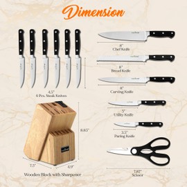 13 Piece Kitchen Knife Set - German Stainless Steel Kitchen Precision Knives Set w/ 6 Steak Knives & Bonus Scissors, Wooden Block Stand w/ Sharpener - Slicing, Chopping, Dicing - NutriChef NCKNS13