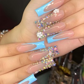 Gifiky 3D Long Coffin False Nails Blue French Press on Nails Luxury Nails Tips Daisy Crystal Gem Design Fake Nails for Women and Girls 24Pcs