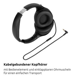 TechniSat STEREOMAN 3 Compact Hi-Fi Cable Headphones (Padded PU Leather Ear Cups, Over-Ear, Adjustable Headphone Length, Foldable Ear Cups, Control Element Including Microphone) Black