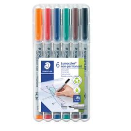 STAEDTLER Folienstift non-permanent Lumocolor, wasserlöslich, Made in Germany, nachfüllbar, lange Lebensdauer, Rundspitze M ca. 1,0, 6 Universalstifte in stabiler STAEDTLER-Box, 315 WP6