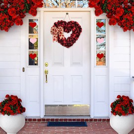 Valentine's Day Burlap Wreath, 18 Inch Buffalo Plaid Heart Shaped Door Wreath with Bow, Valentines Door Decor for Front Door Farmhouse Valentine's Day Decorations Party Supplies