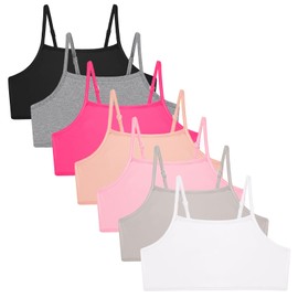 EXARUS 7 Pack Girls Training Bra Adjustable Crop Top Stretchy Comfort Undershirts Spaghetti Straps Unpadded Under Shirts Sleeveless Solid Basic Cami Tank Tops for Teen Daily 14Y