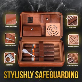 Leather Travel Humidor - Portable Humidor Cigar Box with Cigar Cutter & Liquid Dropper - Cedarwood Interior Finish - Storage Case with 2 Pockets for your Accessories, Humidifier, Zipper Closure