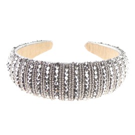 Womens Sparkly Beaded Rhinestone Embellished Jeweled Crystal Wide Thick Padded Evening Formal Occasion Christmas Birthday Wedding Bridal Party Headband Alice Band Hairband (Silver Silver, One Size)