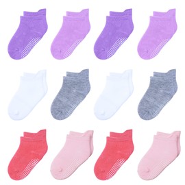 Toddler Socks Girls 3T-4T-5T with Grippers 12 Pairs Little Kids Socks Non Slip Grips Cotton Ankle Socks for Toddler Girls 3-4-5 Years Old (Multi-Colors)