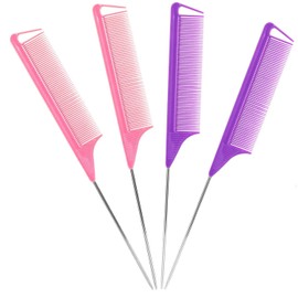 Rat Tail Comb，Parting Comb, Metal Long Steel Pin Rat Tail Combs set，Combs for Hair Stylist，Hair Combs for Women（4Packs，Pink，Purple）