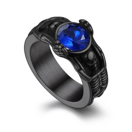 Bandmax Blue Topaz Signet Ring for Men Women Black Skull Skeleton Ring Cool Gothic Punk Biker Ring Statement Ring Wedding Ring Size 9