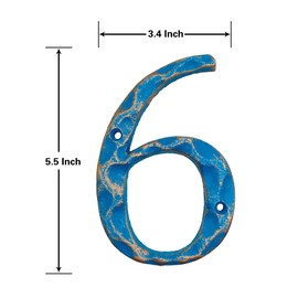 5.5 Inch House Numbers- Unique Cast Iron Metal Address/Mailbox Number for Outside or Front Door, Handmade Gold & Blue Finish (Number 6)