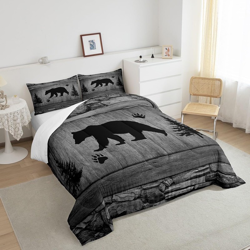 Manfei Rustic Bear Comforter Set Queen Size, Black Trees Deer