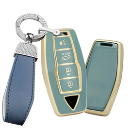 SANRILY Golden-edge 4 Button Key Fob Cover Fit for Mitsubishi Outlander 2023 2022 New Key Keyless with Bling Leather Keychain Blue